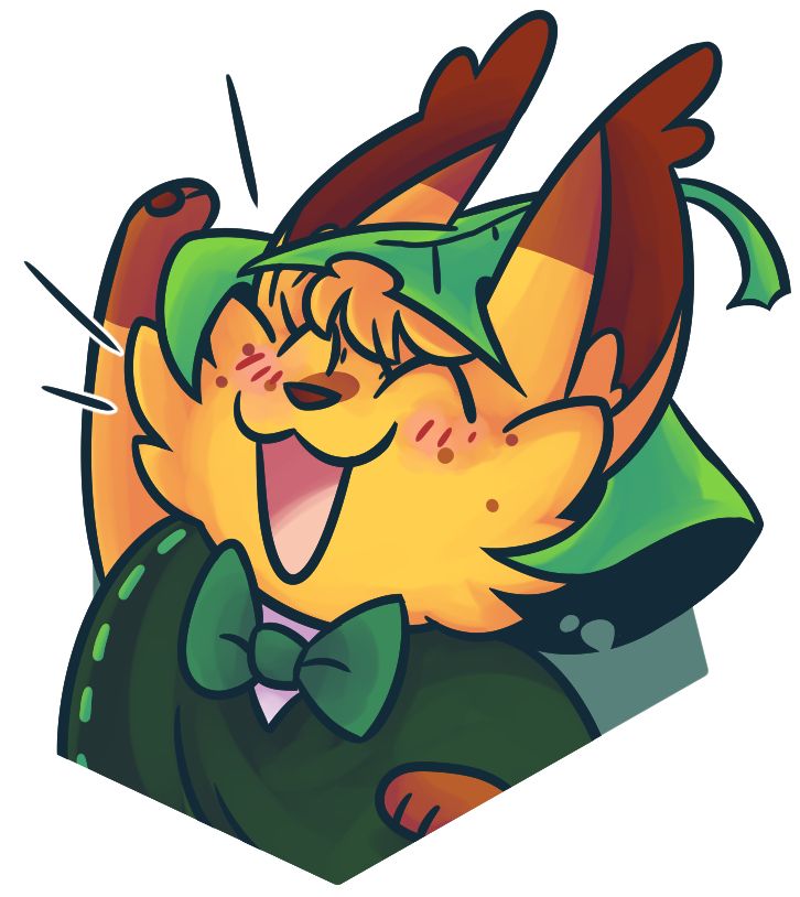 Art of Raya from Yokoka's Quest, cheerfully raising on paw up in the air, with her eyes closed and mouth open wide.