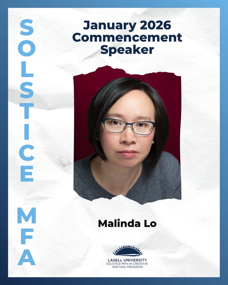 Photo of January 2026 Solstice MFA commencement speaker Malinda Lo in a torn paper frame