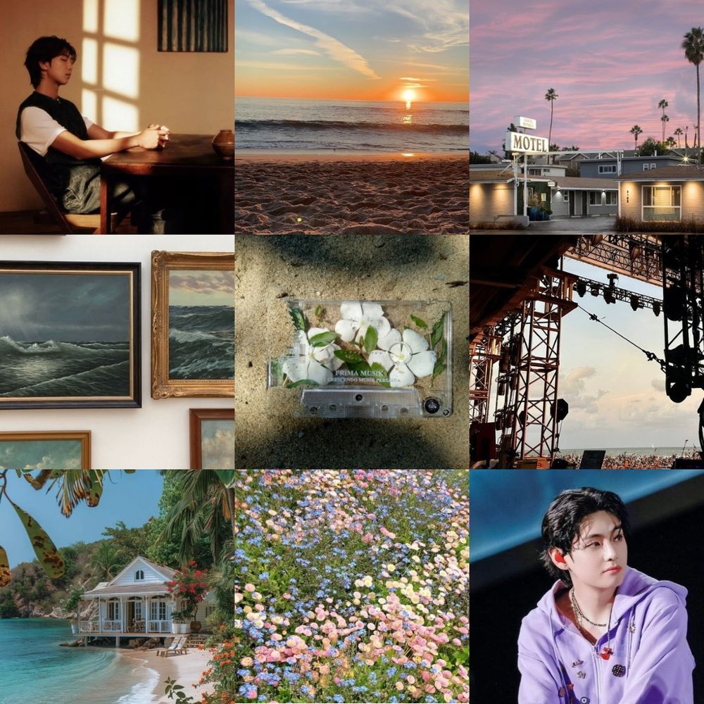 A Moodboard to my Fanfic “Into your arms” featuring Namjoon and Tae, a beach house surrounded by greens, a stage, some ocean pictures, flowers, a beach and a motel by sunset, all of these pictures are hold in soft colours