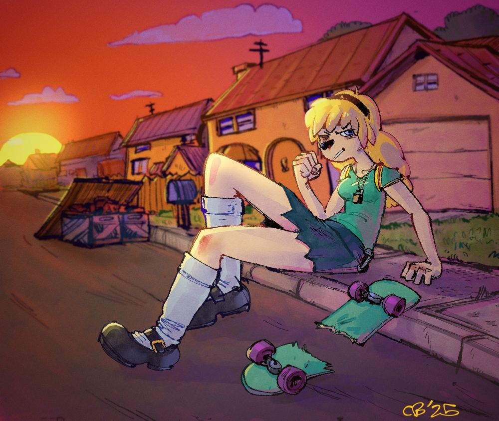 Krista, the blonde bully bear, sits on the sidewalk after breaking a skateboard 