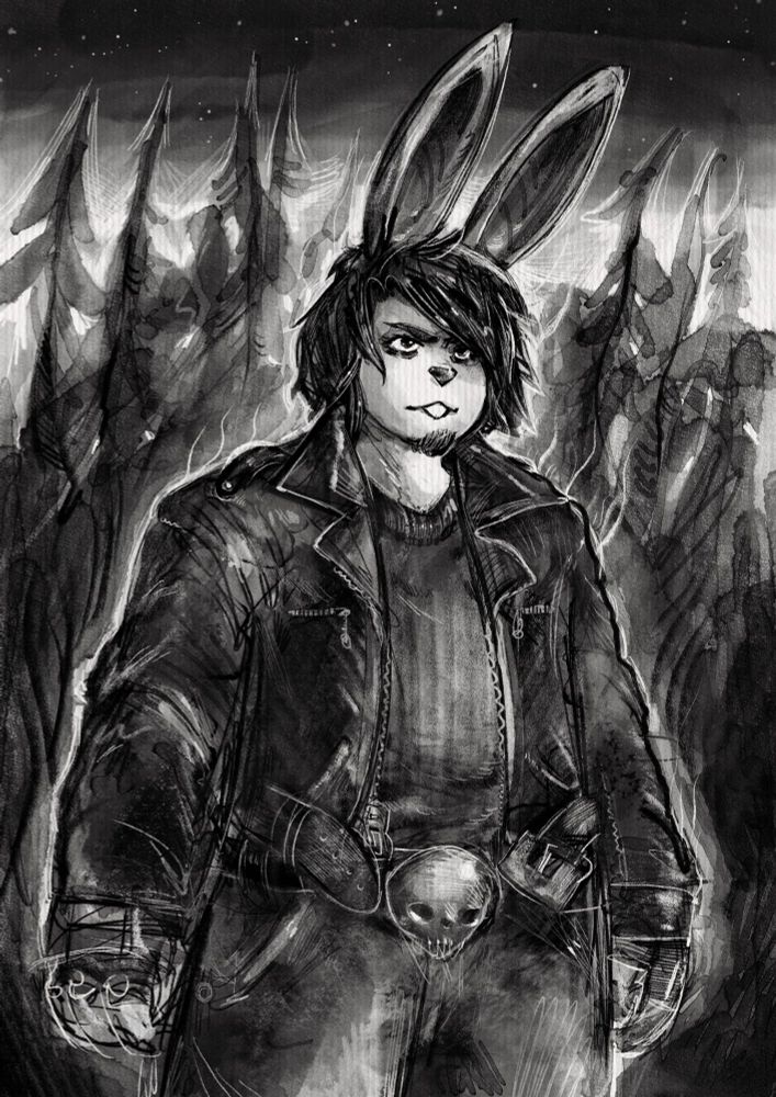 A rather scrappy digital drawing of the bunny dude Arthur in the woods, doing his best to look tough and resilient
