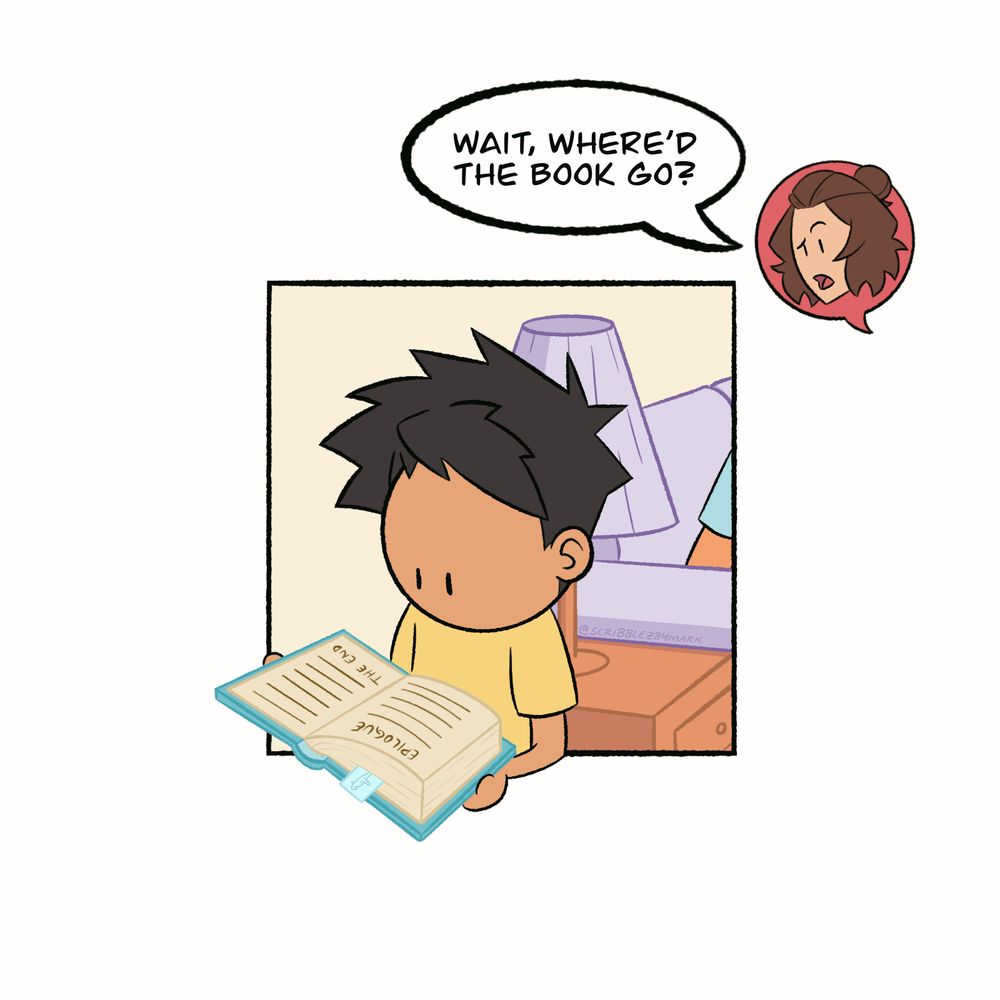 Panel 3

Zayd flips to the end of the book and reads the epilogue.

Layla: Wait, where’d the book go?