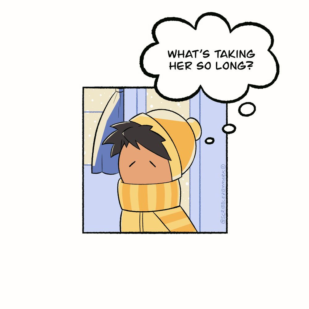 Panel 2: Zayd is waiting for Layla.

Zayd (thinking to himself): What’s taking her so long?