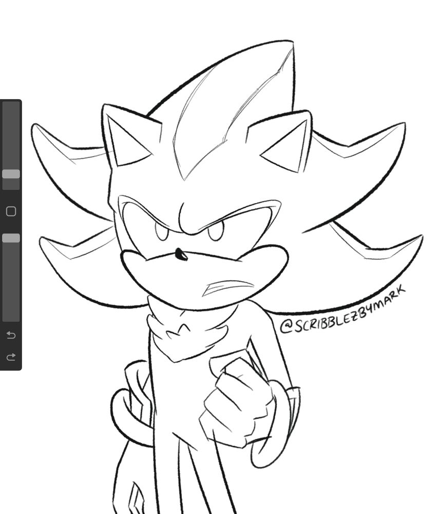 Work in progress drawing of Shadow the Hedgehog. Shadow stands with a grumpy expression, clenching his left fist.