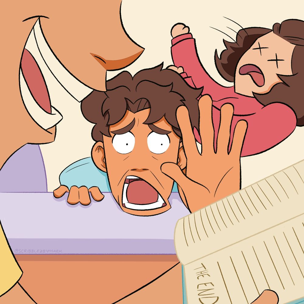 Panel 3

Zayd has a mischievous smile on his face and gets ready to read the epilogue out loud.

Hakeem looks in horror and reaches for the book.

Layla passes out.