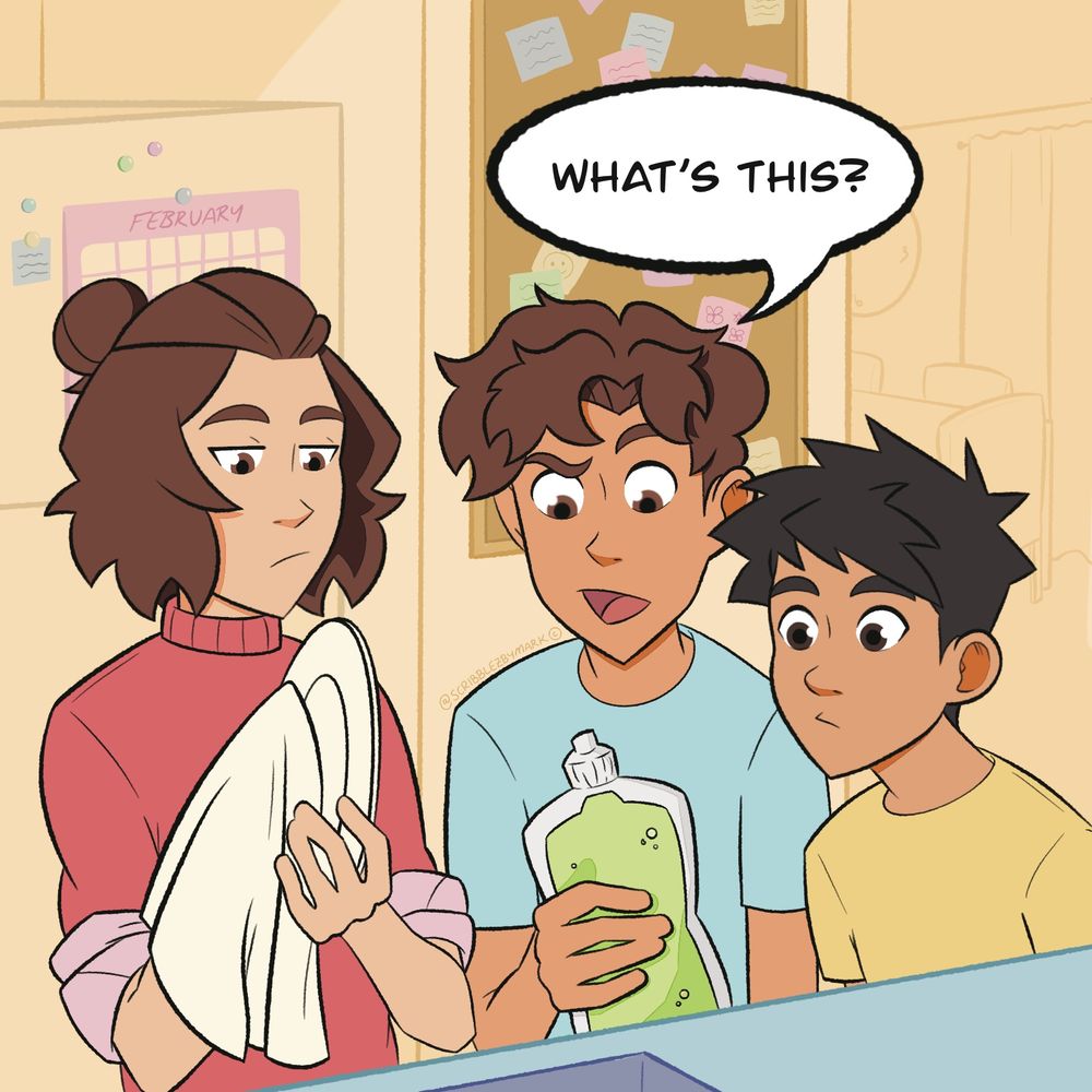 Comic. Panel 1. A girl (left) and her two brothers (middle and right) are in the kitchen. The girl is drying a plate. Her younger brother (middle) is holding a bottle of dish soap and asks: What’s this?
