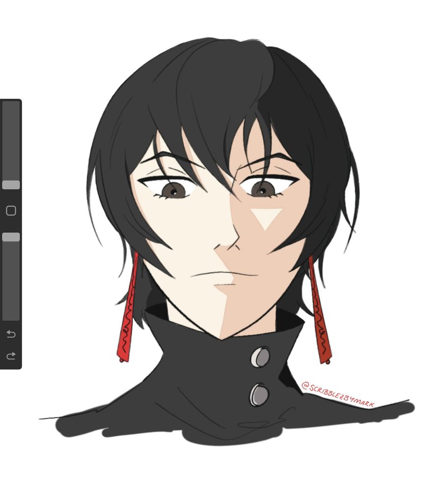 Fanart of Hiyuki from the manga Kagurabachi. She has short hair, wispy hair, long earrings, and a high collared shirt.