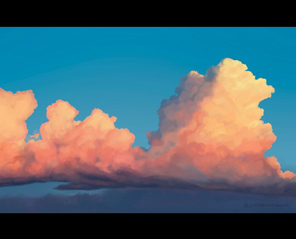 Painting of big fluffy clouds at sunset.