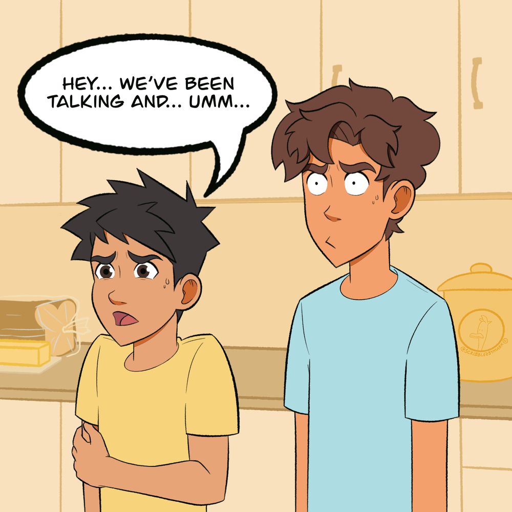 Panel 1

Brothers Zayd and Hakeem stand in the kitchen trying to talk to their sister, Layla. They look very concerned.

Zayd: Hey… We’ve been talking and… umm…