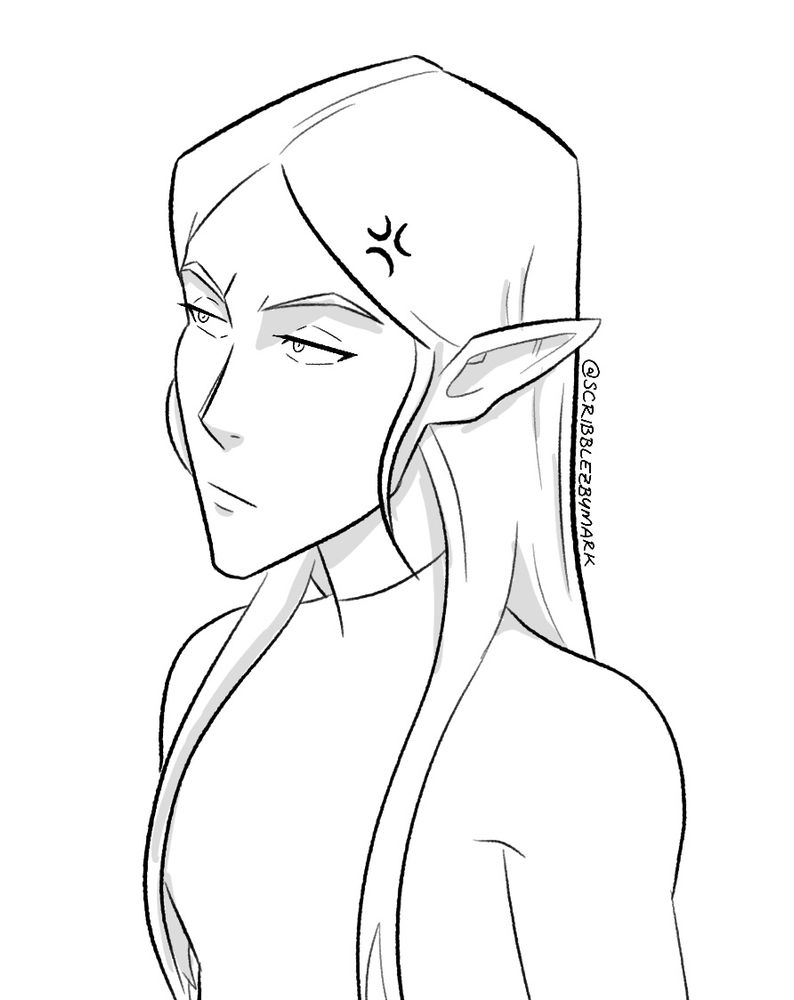 Drawing of an elf woman with long hair. She looks off to the side and has a grumpy expression.