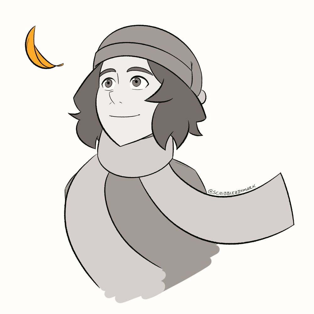 Drawing of a girl wearing a hat and scarf. She is looking a a leaf falling.