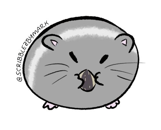 Drawing of a grey dwarf hamster grumpily eating a sunflower seed.