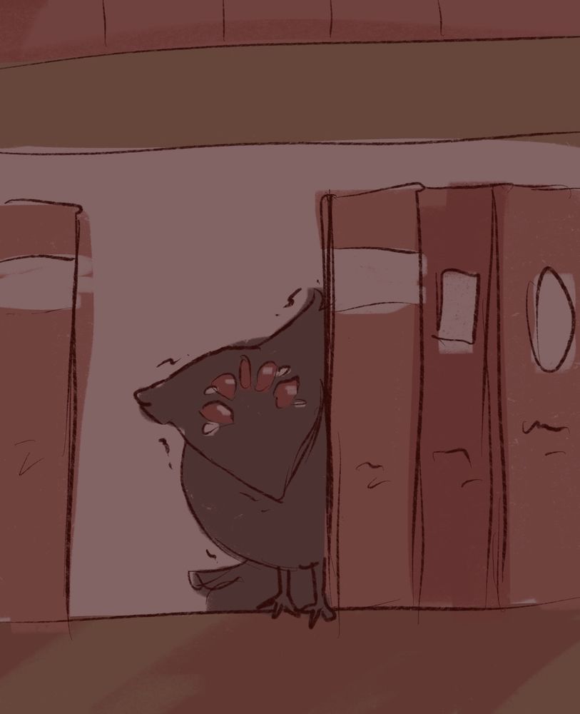 A scared creature hiding among books.