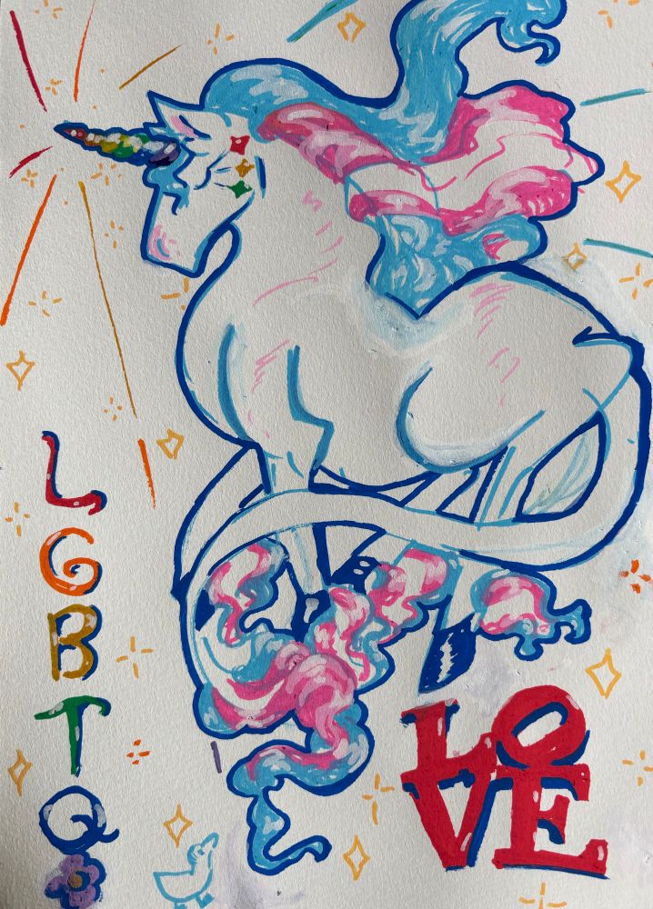 A trans flag unicorn with a rainbow horn surrounded by the words “lgbtq+” and “love.”