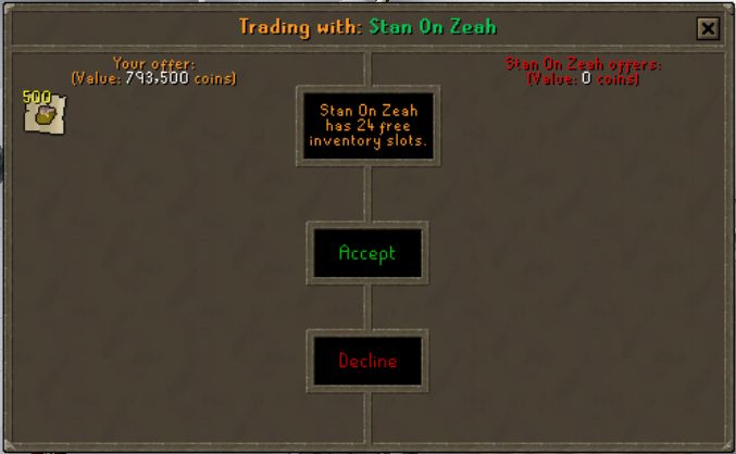 A trade between Group Ironman Sophlin and Group Ironman Stan on Zeah for 500 Tuna potatoes