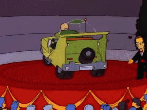 a cartoon of homer simpson driving a green car