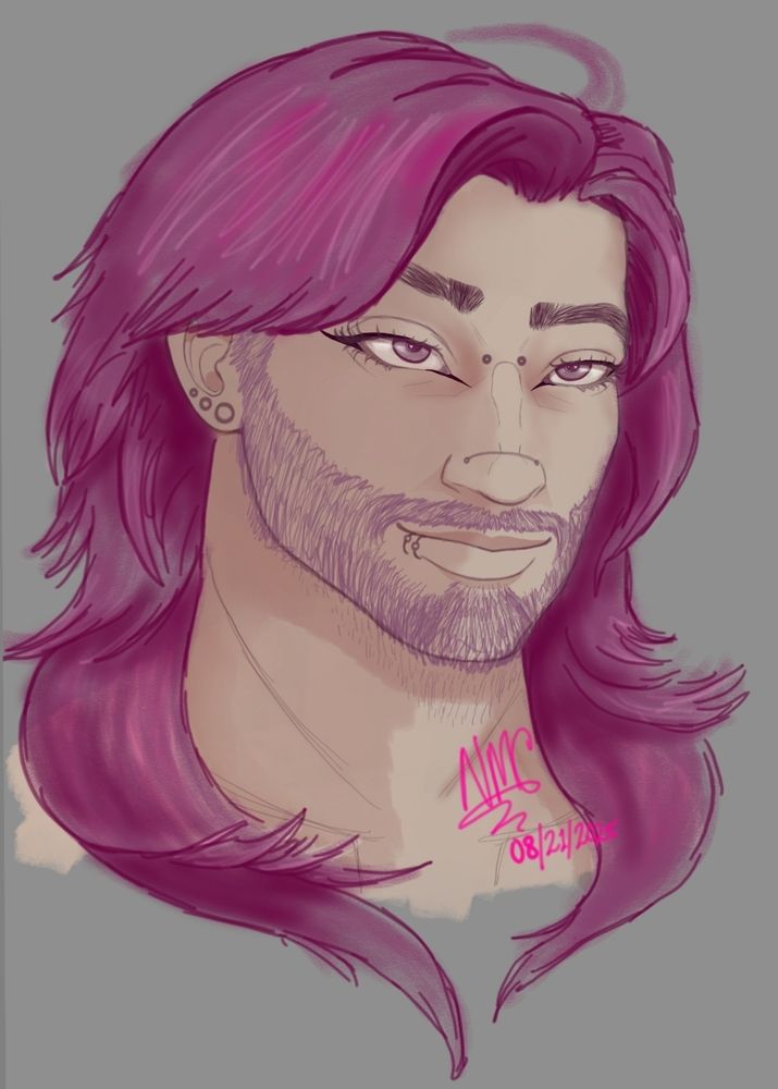 Three-quarter digital portrait of an obnoxiously gay trans man (me) with lust for his husband in his eyes