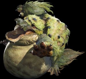 Tetranadon, a monster with a ducklike beak, a hard-shelled back, and a big round belly, lunges at the viewer with reptilian paws.