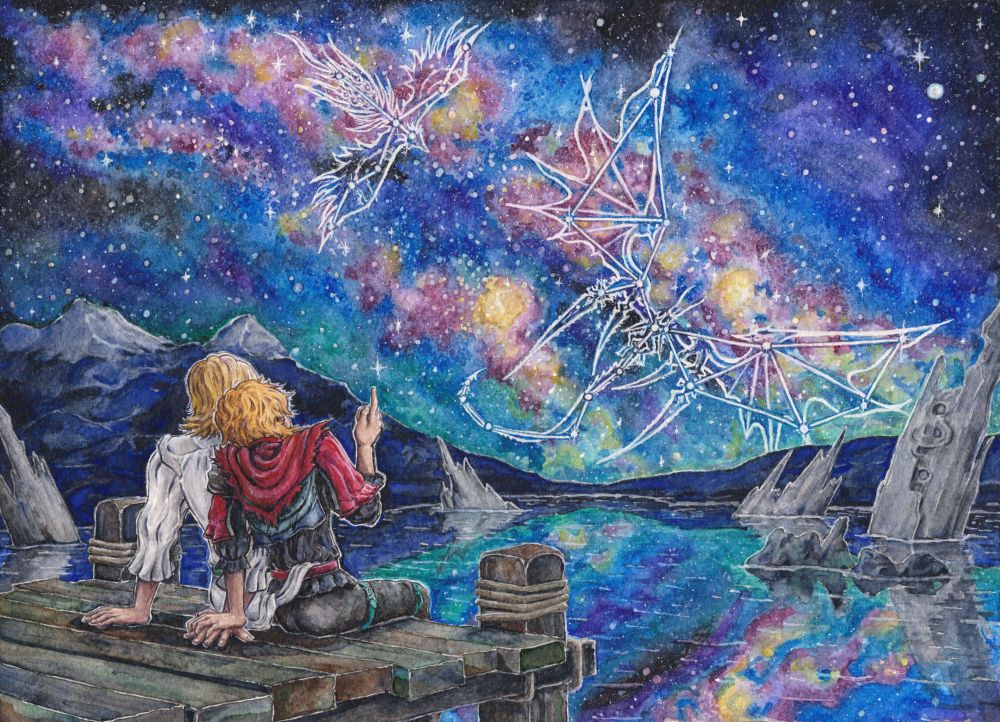 Watercolor painting of Dion Lesage and Joshua Rosfield from Final Fantasy 16 sitting cuddled close together on a pier looking up at the night sky. The Milky Way is a blaze of color, bright blues, pinks, greens, purples, and yellows, and is reflected in the water of the lake below. In the sky, Phoenix and Bahamut appear as constellations of stars.