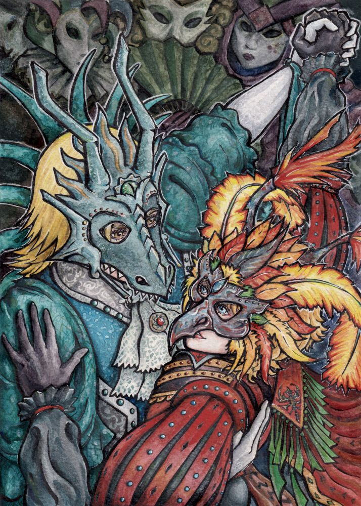 fanart of Joshua Rosfield and Dion Lesage from Final Fantasy 16. They are dancing together, wearing fancy clothes and elaborate masks in the shape of the dragon Bahamut and the Phoenix. Dion is wearing a lot of teal, and Joshua a lot of red. In the background a few masked figure are watching the couple.
