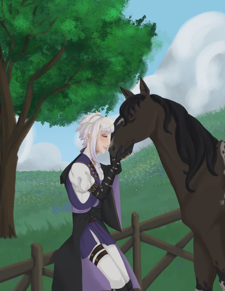 Saint germain from code realize pressing his face against the nose of a bay horse, behind him is a field of flowers and a tree