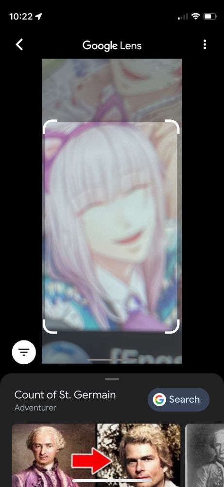Blurry photo of saint germain from code realize wearing cat ears put into google lens, the search result is Count of St. Germain and shows pictures of the real Saint Germain