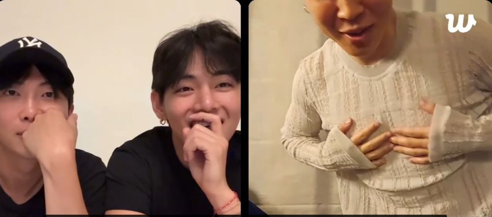 split screen weverse live in the left taehyung and namjoon are smiling cause in the right jimin has put on one of taehyung's shirts and covering his nips cause its see through and it is too big for him