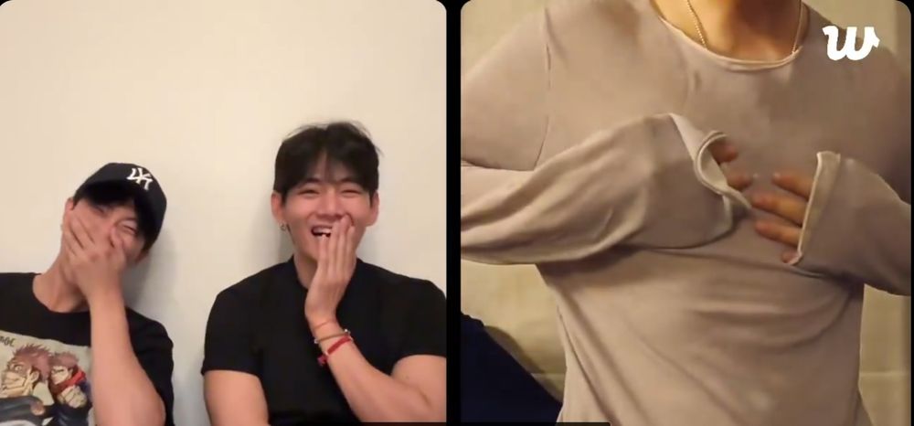 split screen weverse live in the left taehyung and namjoon are smiling cause in the right jimin has put on one of taehyung's shirts, different one this time and covering his nips cause its see through and it is too big for him