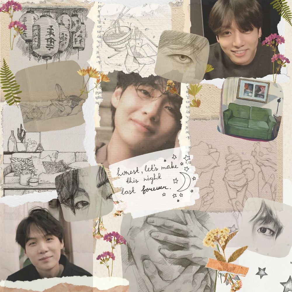 moodboard for epilogue: let's make this last forever 

done in a scrapbook style, various sketches and drawing relevant to the fic like ramen, a green couch hands on a body, three ice cream cones, sketches of tae, yoongi and jk's eyes and three separate pictures of them smiling.