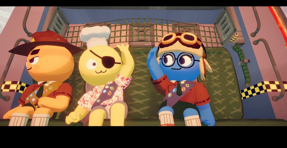 Three characters from Peak in the helicopter.