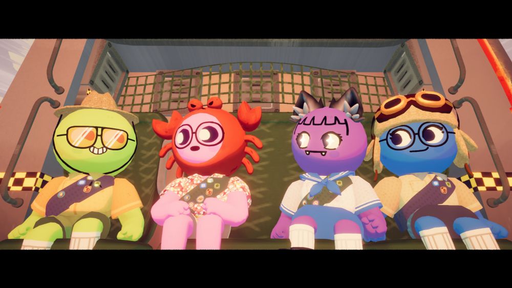 Four characters from Peak in the helicopter.