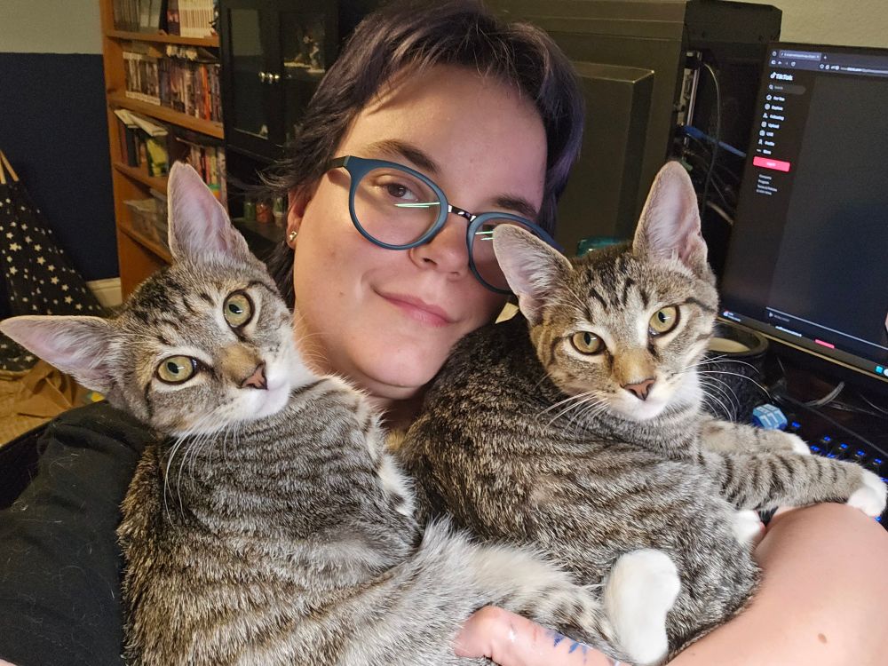 A pair of large tabby kittens held by a woman with short hair. 