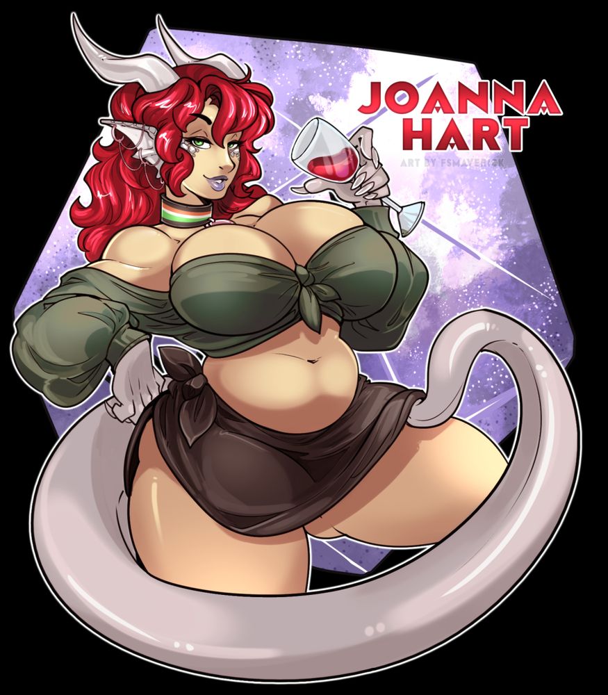 An alternate form of Joanna with red hair and no wings in a barmaid style crop-top and skirt, holding a wine glass. Tempts the viewer with a peek under her skirt in the near future.