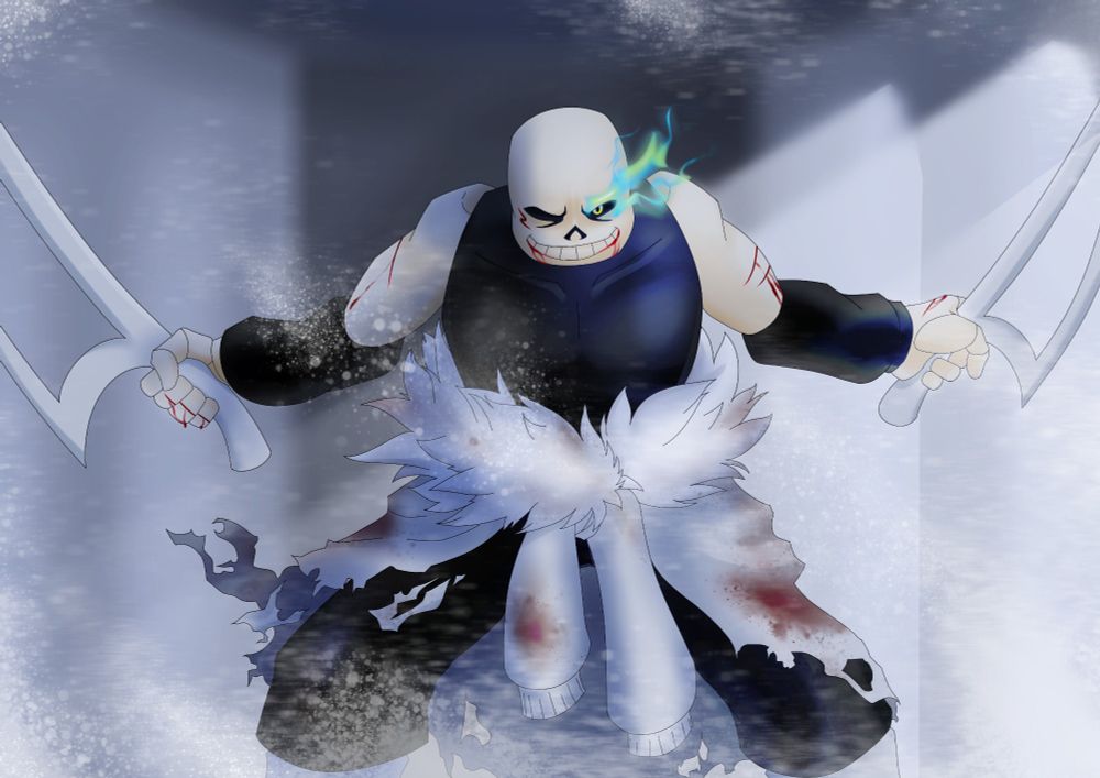 Cross weilding his knives in a fight, eye ablaze and bleeding. The atmosphere is filled with dust.