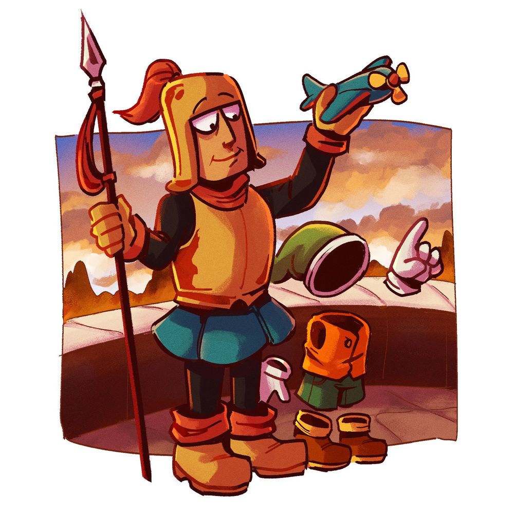 an illustration of bilby and the invisible boy from moon: remix rpg adventure. on the left, bilby prepares to throw a toy airplane while looking fondly down at the invisible boy. on the right, the invisible boy points up at the sky. the background shows the castle balcony, the sky is the yellow-blue gradient of an early sunset. 