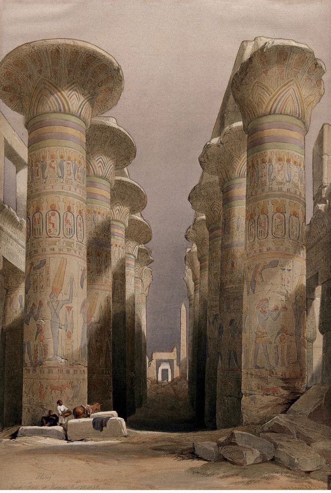 A 19th century print of the ancient Egyptian ruins of the temple at Thebes