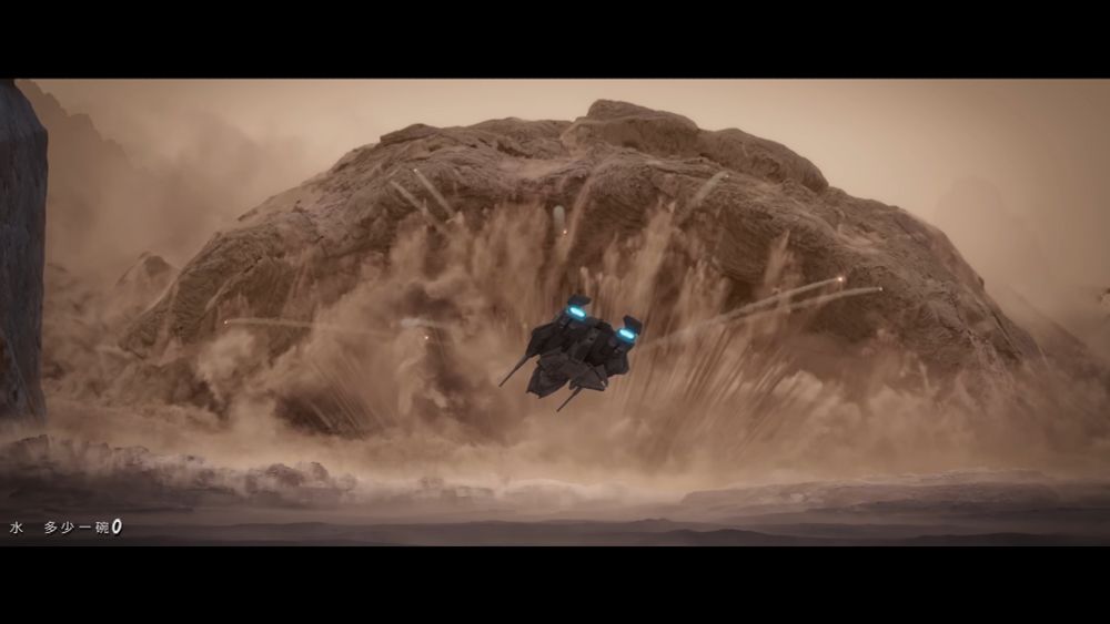A wide scene featuring a Dune Sandworm about to eat a comparatively small, grey ship