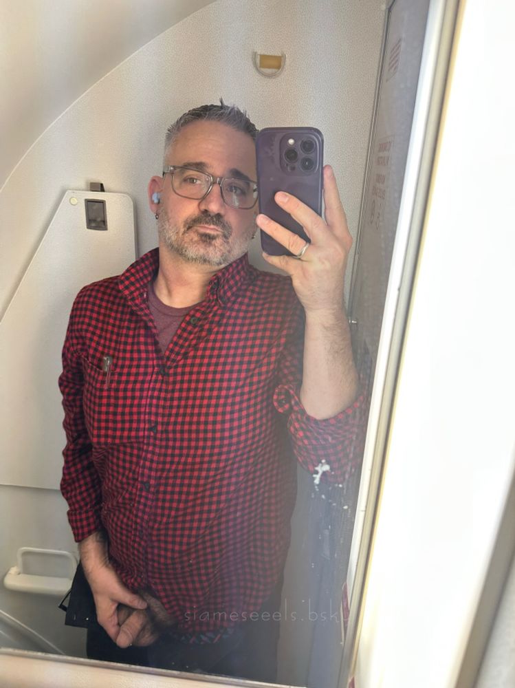 Airplane lav selfie with my little duck hanging out 