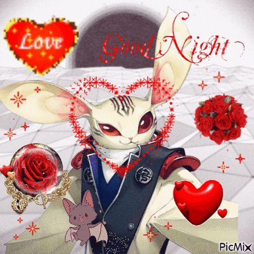 a picture of a rabbit holding a heart with the words good night on the bottom