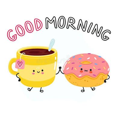 A cute cup of coffee and cute donut smiling with the text “Good Morning “ 