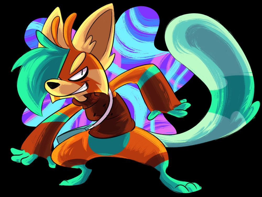 image depicts a fullbody illustration of Taffy, a sea slug/red panda character owned by Waffledog. Behind Taffy is an abstract/painterly blob as the background.