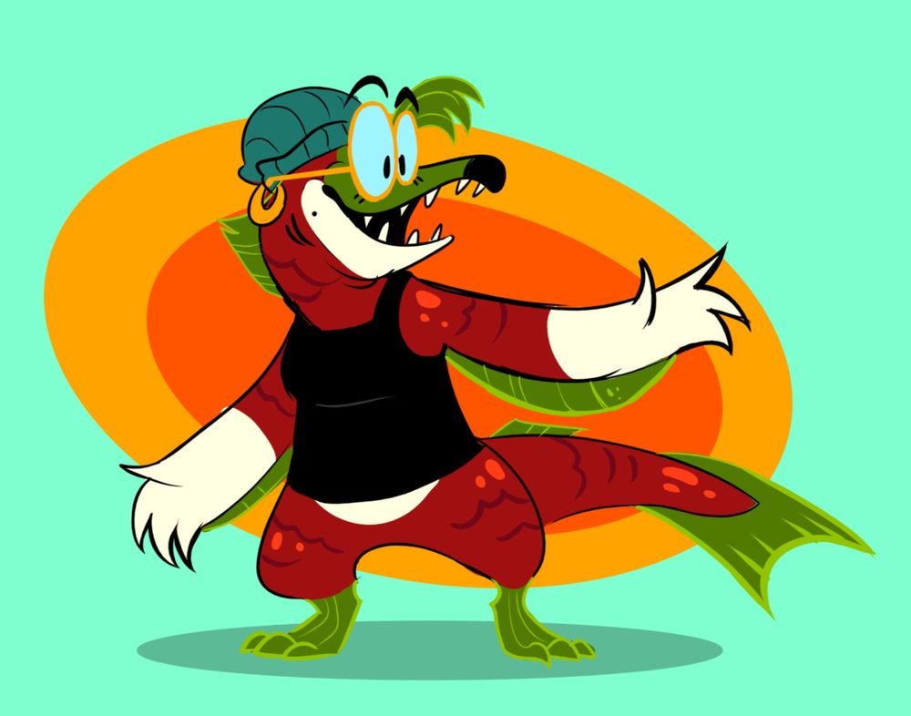 image depicts a doodle of an anthropomorphic sockeye salmon, made to be a sona of sorts for myself. she has yellow rimmed glasses, large yellow earrings, a black tank top and a turqoise toque