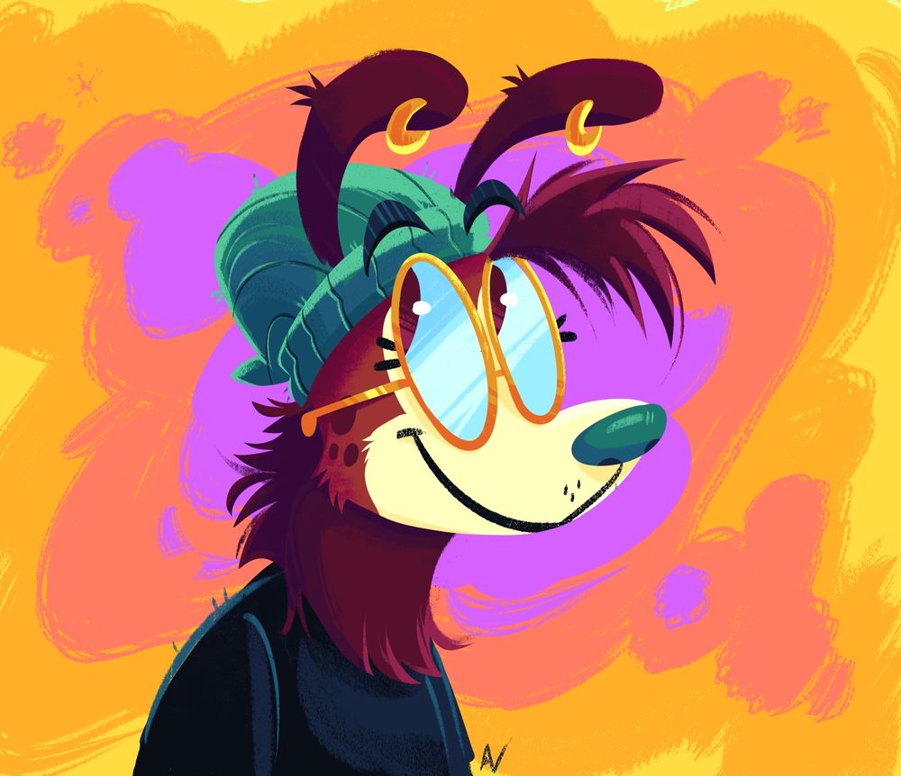 image depicts a headbust of my hyena sona Cherry, in a painterly rendered style. She is wearing her usual toque, earrings and glasses with an added black shirt. The background is painterly blobs of warm colours. She is looking up towards the top left of the image.