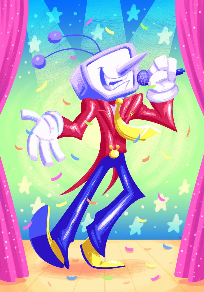 image depicts a fullbody portrait of Mr. (Ant) Tenna, a tv show host character from the Deltarune game. He is standing ihe is shown holding a mic in one hand, and gesturing to the off-screen crowd. He is on his signature stage, surrounded by falling confetti