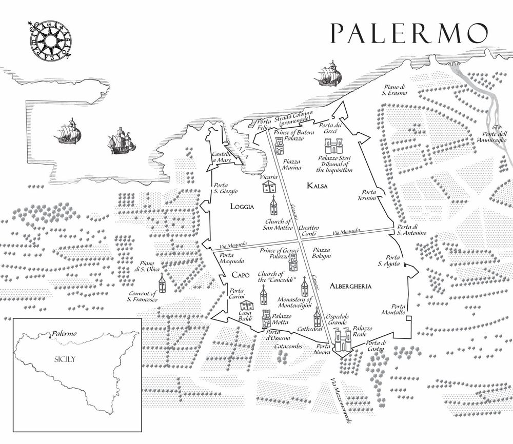 black and white map of Palermo in the early 18th-century with inset map showing location within Sicily. Map shows coastline, major roads, tree lines, ith small illustrations of city gates, plazas, cathedrals, and ships in the harbour.