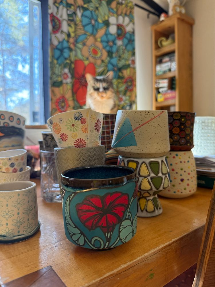 The most handsome cat named Jinx, sitting on the dining table in all his glory. Surrounded by handmade ceramic cups. 