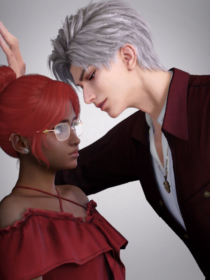 Sylus standing over Fiaira against a gray backdrop wall