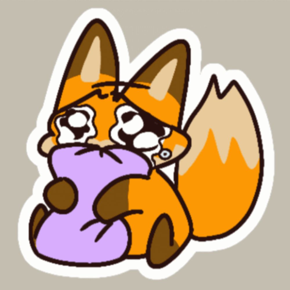 a cartoon of a fox holding a purple pillow and crying