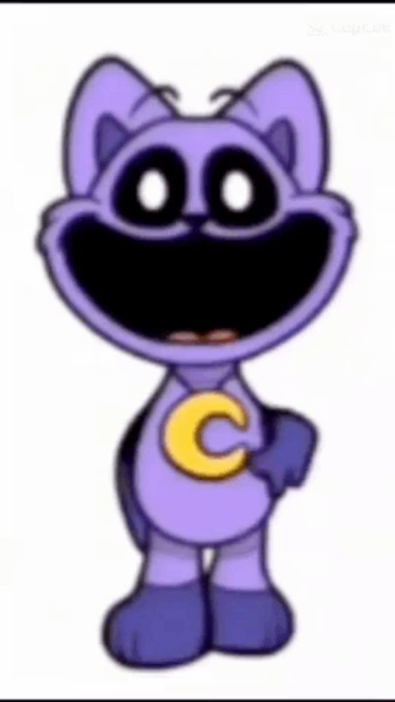 a purple cartoon cat with a yellow c on his chest is smiling .