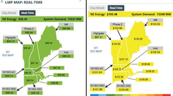 maps showing that the price of electricity in NE ISO territory DOUBLED